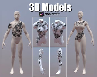 12 BUNDLE Procreate 3D models,  Procreate Tattoo model, 3D woman model, 3D man model, 3D arm model, 3D leg model, 3D torso model for tattoo