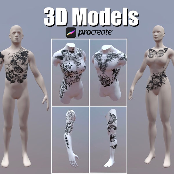 12 BUNDLE Procreate 3D models,  Procreate Tattoo model, 3D woman model, 3D man model, 3D arm model, 3D leg model, 3D torso model for tattoo