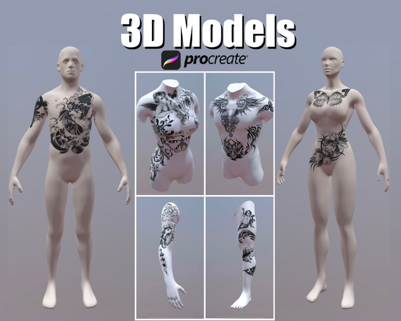 12 BUNDLE Procreate 3D models, Procreate Tattoo model, 3D woman model, 3D man model, 3D arm model, 3D leg model, 3D torso model for tattoo image 1