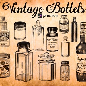 May include: A collection of vintage glass bottles with various labels and designs. The bottles are drawn in a black and white style on a brown background. The text on the labels includes "Superior Golden Fluid", "Accelerator Potassium Perchlorate Parr", "Caroxite", "Dawson "Special" Blended Scotch Whisky", "Pluegger Bambolite Rod Varnish No. 383", and "Ball Perfect Mason".
