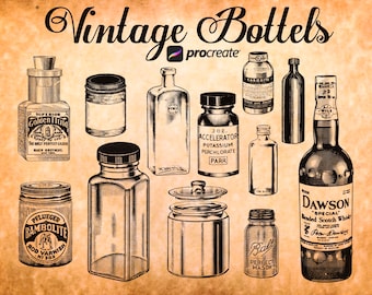 72 Procreate Vintage Bottle, Antique bottle stamps, procreate antique pharmacy, Spell Bottle brushes, Drugs bottle, antique jars