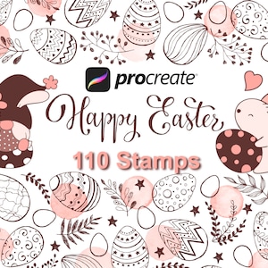 Puede incluir: Una ilustración digital de 110 sellos de Pascua para Procreate. La imagen presenta un conejito rosa sosteniendo un huevo de Pascua, un gnomo y una variedad de huevos de Pascua con diferentes patrones. El texto "Feliz Pascua, 110 sellos" se muestra en el centro de la imagen.