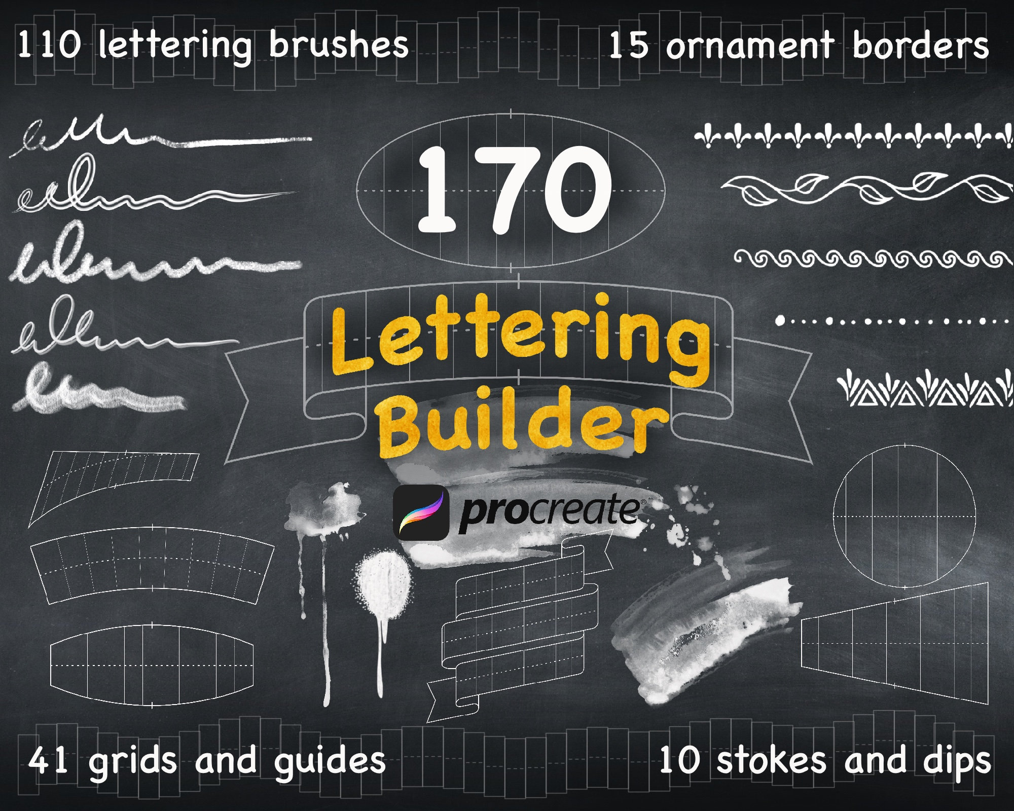 Procreate Lettering Grid Builder : 170 pinceaux, tampons et ornements pour compositions