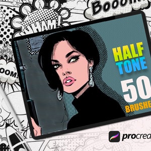 May include: A digital illustration of a woman with black hair and a black turtleneck shirt. The image is on a tablet screen with the text "HALF TONE 50 BRUSHES" and the Procreate logo. The background is a comic book style with black and white patterns.