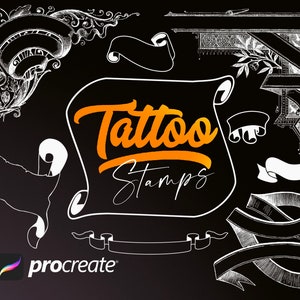 May include: A set of digital tattoo stamps for Procreate, featuring a variety of vintage-inspired designs, including scrolls, banners, and ornate flourishes. The text "Tattoo Stamps" is written in orange on a black background.