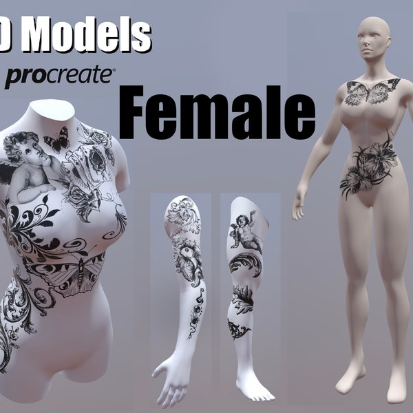 Procreate 3D female model,  Procreate Tattoo model, 3D woman model, 3D body model, 3D arm model, 3D leg model, model for tattoo artists