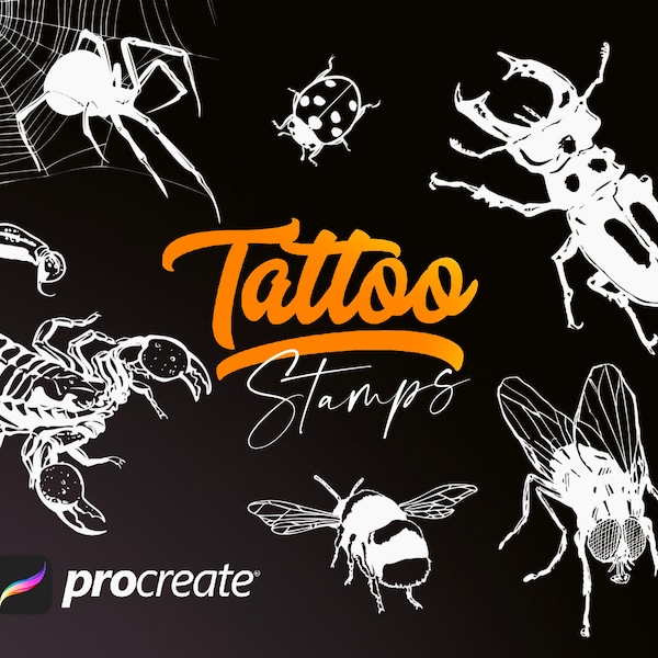 260 procreate insect tattoo stamps, tattoo insect brushes for procreate, procreate tattoo brushes, spider, bugs, bees, butterfly stamps