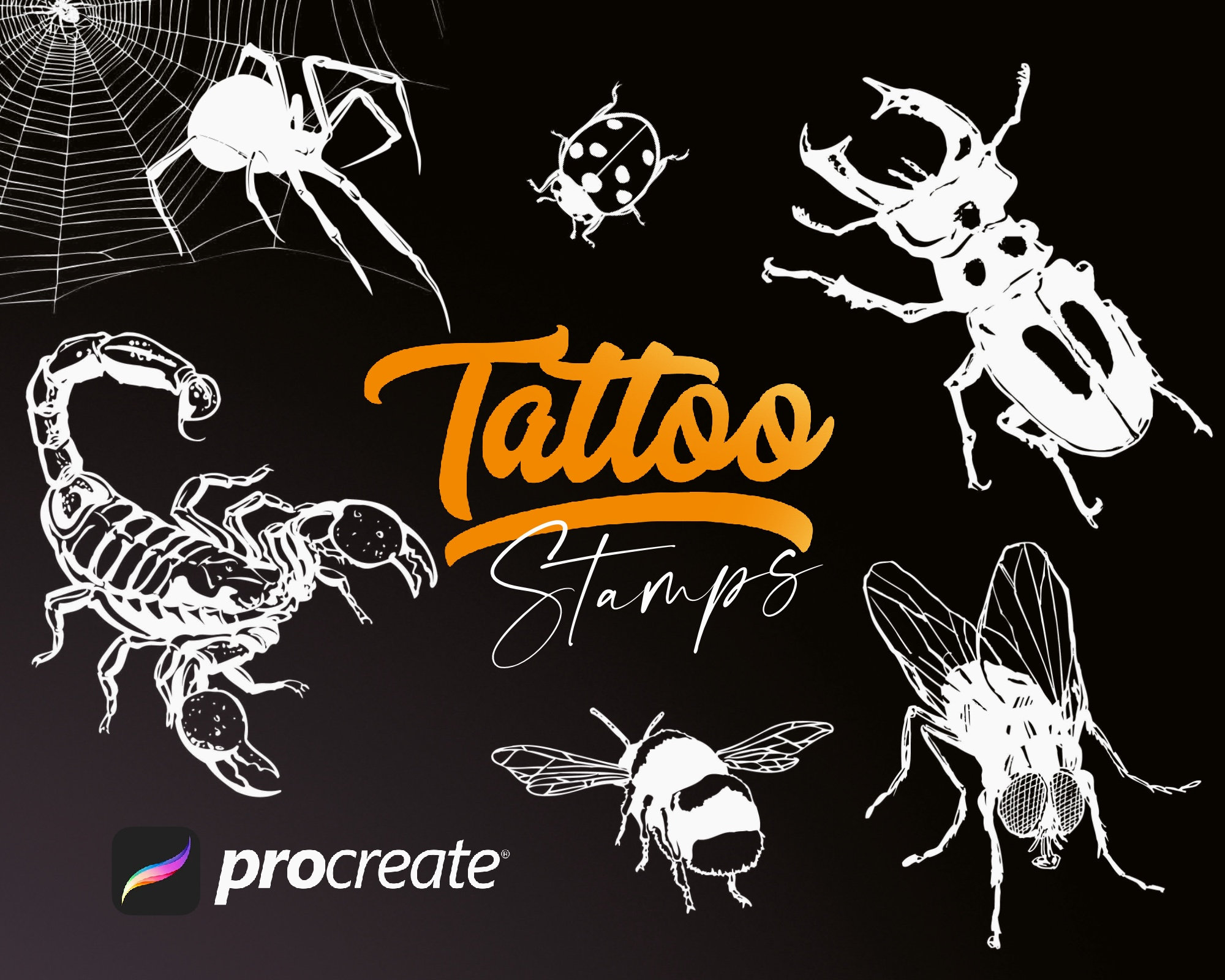 260 Procreate Insect Tattoo Stamps — Bugs, Spiders, Bees, Butterflies & Procreate Tattoo Brushes