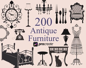 Procreate Furniture Stamps, Procreate Vintage decorating, Victorian Furniture, Antique Furniture Brushes for Procreate