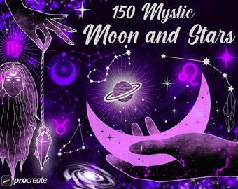 150 Mystic Moon and Stars Procreate Stamps, Zodiac, Galaxy (Digital Download)
