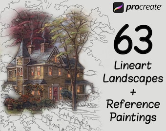 Digital stamp for Procreate, Nature coloring for Procreate, Landscape Stamps for Procreate, Nature stamps for Landscape, House Landscape