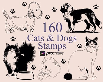 160 Procreate cats and dogs stamps, cats brushes for procreate, dogs brushes , cats stamps, pets procreate stamps