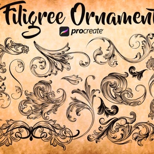 May include: A set of 10 black and white filigree ornaments, drawn in a vintage style. The ornaments are intricate and detailed, with swirling lines and flourishes. The text "Filigree Ornaments" and "procreate" are visible in the image.