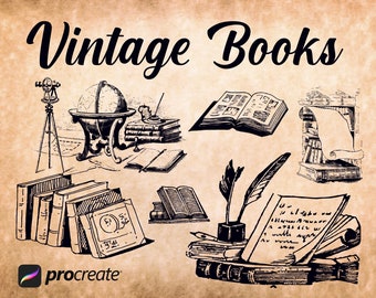 Vintage Book Procreate Stamps, Old Books, Illustrations (Instant Download)