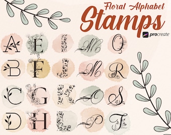 Floral Alphabet Procreate Stamps, Lettering Brushes (Digital Download)