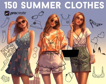 150 SUMMER Clothes Procreate Stamps, Fashion Procreate Stamps, Woman Clothes and Man Clothes, Accesories Procreate Stamps