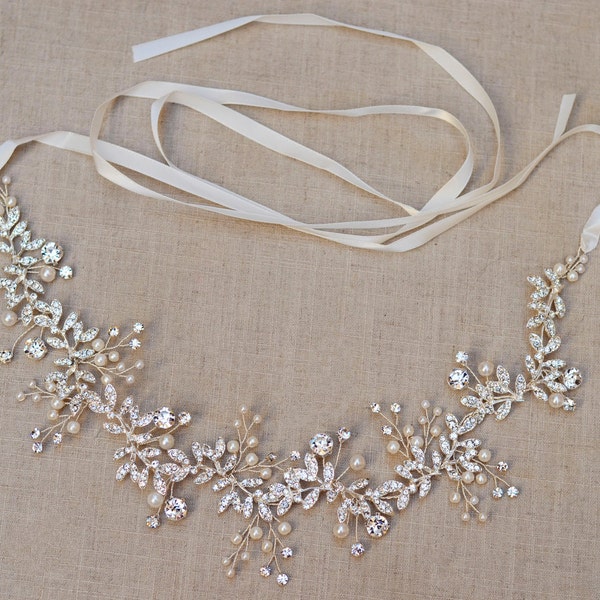 The Audrey - Silver Twined Rhinestone Encrusted Bridal Headband Wreath White Cream Ribbon Crown Wedding Bride Crystals Boho headpiece Rustic
