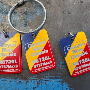 May include: Three keychains with blue, yellow, and red color blocks. Each keychain has the text "Canyon Blue Classic" and "N8720L B737Max8 WYLDEBYRDBYRD ART".