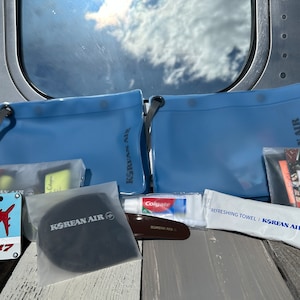 Korean Air amenity kits and 747 skin luggage tags