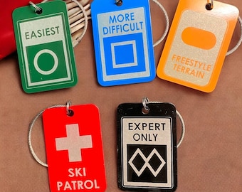 Skiing & Snowboarding Aluminum Luggage Tags – Beginner, Black Diamond, Ski Patrol, Freestyle Terrain Keychain
