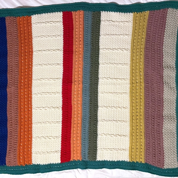 Handmade Crochet AFGHAN a Color Stripe Art THROW BLANKET Quilt Recliner Arm Chair Lap Couch Sofa Bed Bedding Unique Retro Cable Knit Classic