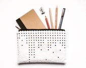 Zipper pouch / makeup bag / pencil case handprinted geometric pattern on white linen