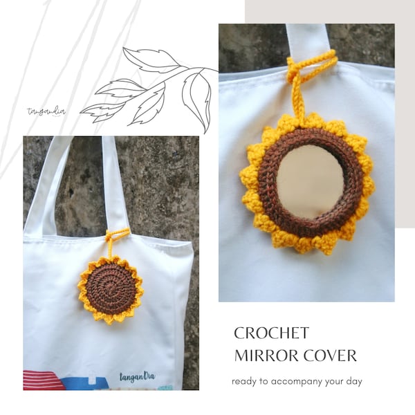 Crochet Portable Mirror Cover For Bag Charm, Handmade Compact Mirror Holder, Travel Accessory, Crochet Sunflowers Unique Gift for Her.