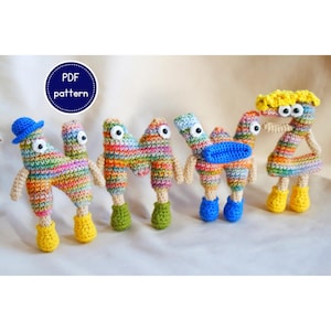 Padrão de brinquedos de atividade de crochê, letras do alfabeto de brincadeira de amigurumi, brincadeira e aprendizagem de crochê Montessori para o jardim de infância.