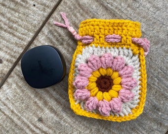 Crochet Pouch for Airpods Case, Granny Square Sunflowers for earbuds, Access Wallet, Aesthetic Coin Purse.