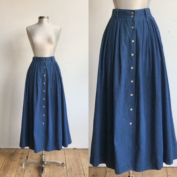 Denim full western boho 80s skirt / med