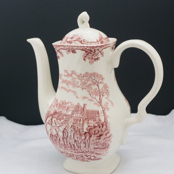 MYOTT STAFFORDSHIRE Large Vintage 1939 Coffee Pot & Lid Country Life Pink Red Transferware