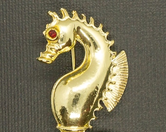 Vintage Goldtone and Rhinestone Seahorse Figural Brooch Pin