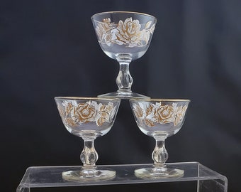 FIVE Champagne - Tall Sherbet Glasses in Rose Bouquet by Libbey Glass Company c.1963