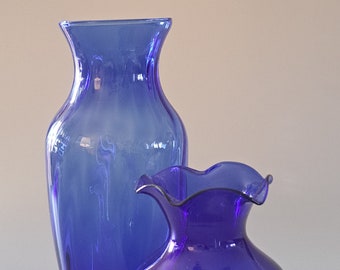 Vintage Cobalt Blue Glass Vases Pair Mid Century