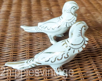 Large Vintage Egyptian Birds Ceramic Salt and Pepper Shakers White with Gold Trim