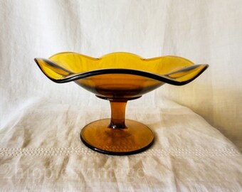 Mid Century Modern Amber Glass Low Compote Footed Bon Bon Dish