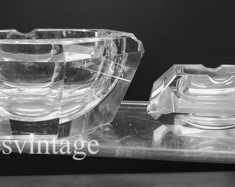 TWO 1980s Geometric MCM Glass Crystal Ashtrays Trinket Dish