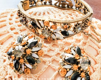 Vintage Signed Florenza Demi Parure Clamper Bracelet and Earrings