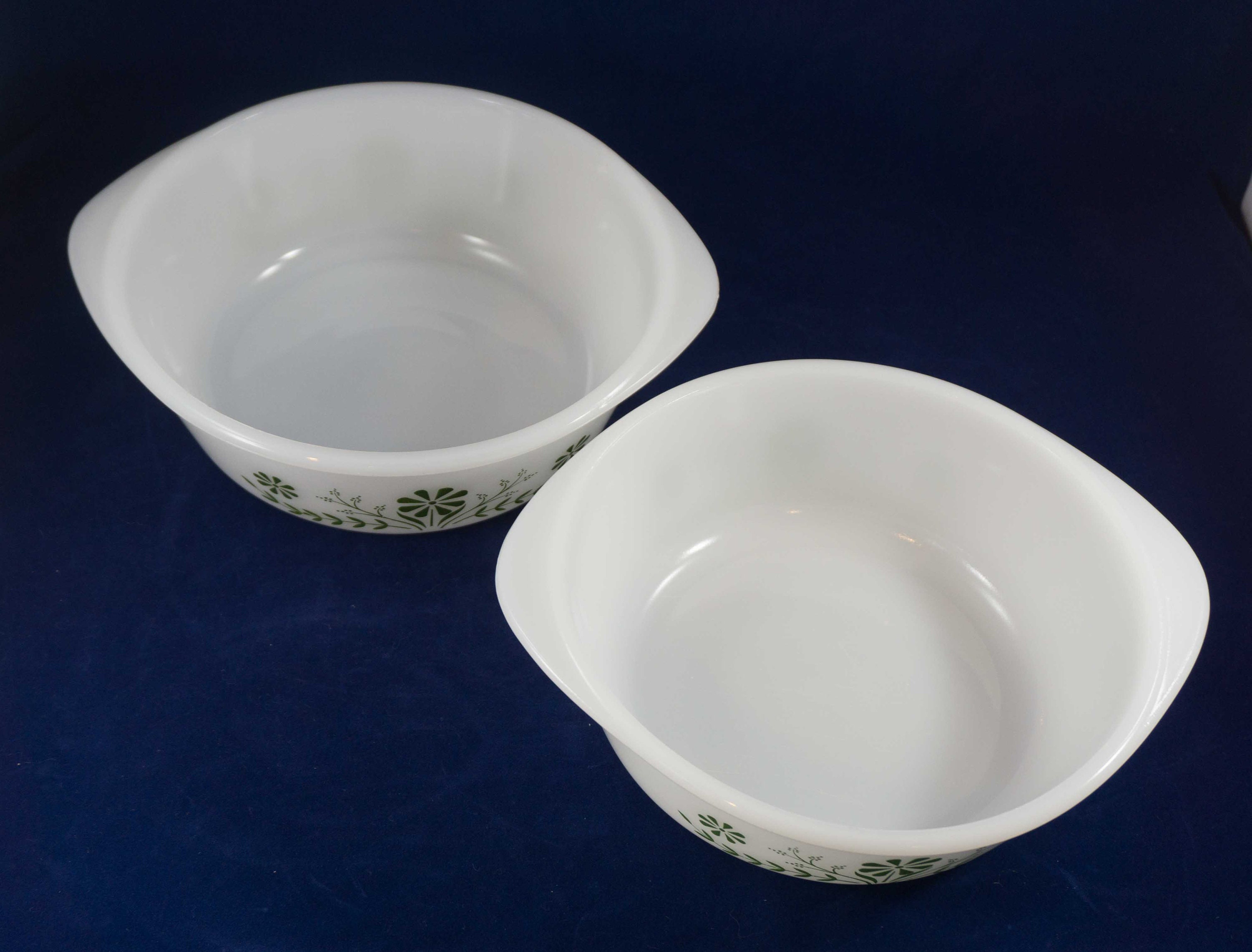 THREE Glass Glasbake Crazy Floral Daisy Green White Casseroles