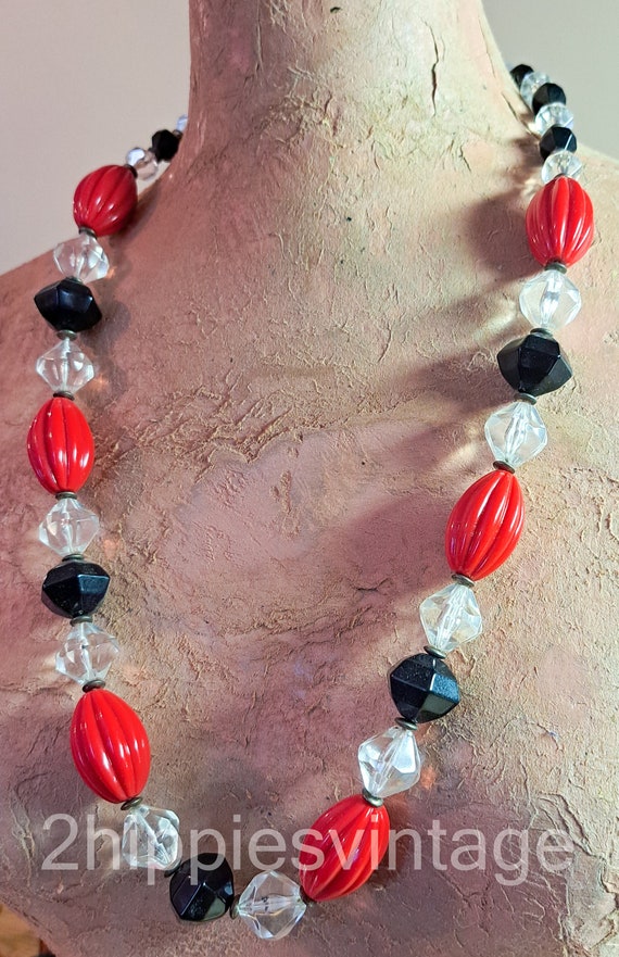 Vintage Lucite Clear Black Red Bead Vintage Jewelr