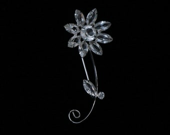 Clear Art Glass Crystal Silver Flower Brooch Pin Vintage Jewelry