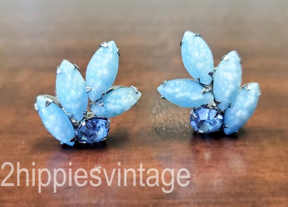 WEISS Baby Blue Art Glass and Rhinestone Vintage Molded Glass Leaves and Rhinestone Earrings and Necklace Etsy