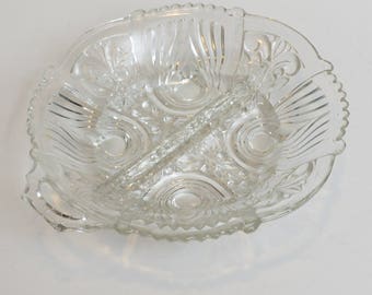 Vintage Seamless Pressed Molded Glass Handled Divided Nappy Candy Dish Tray