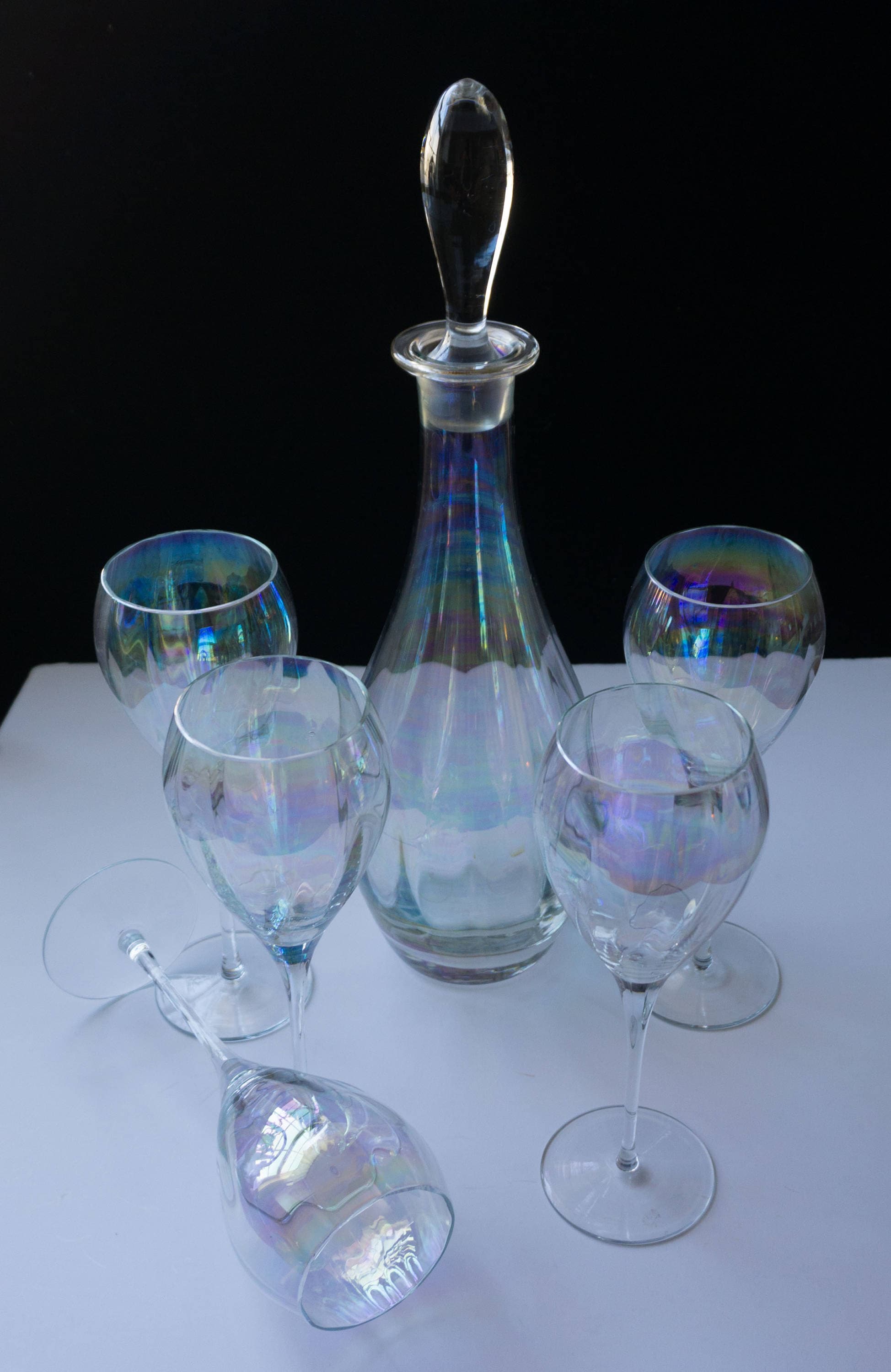 STUNNING Vintage Iridescent Wine Set Rainbow Optic by Toscany Hand