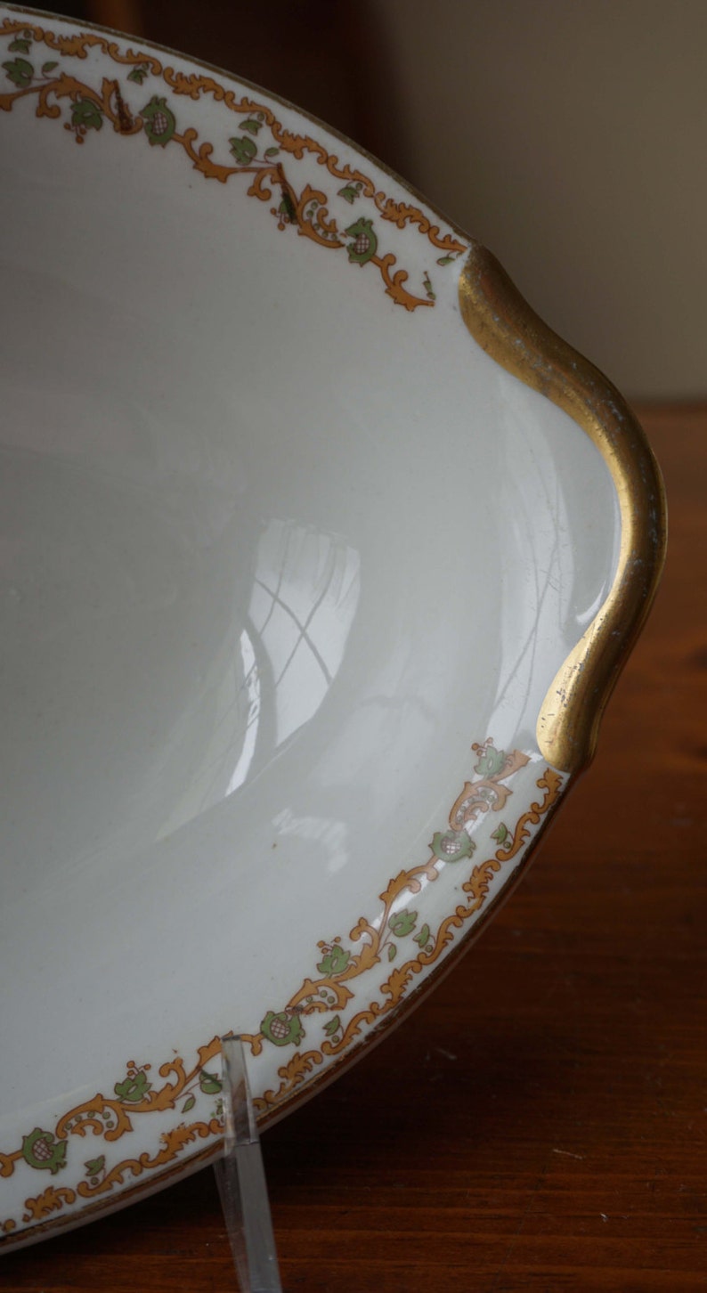 Set of Two Vintage Warwick Pattern Bowls 09071 Oval Serving Dish and One 7.5 Inch Soup Bowl Gold and Green c1930s