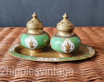 Vintage Brass and Cloisonne Enamel Salt and Pepper Set with Matching Tray