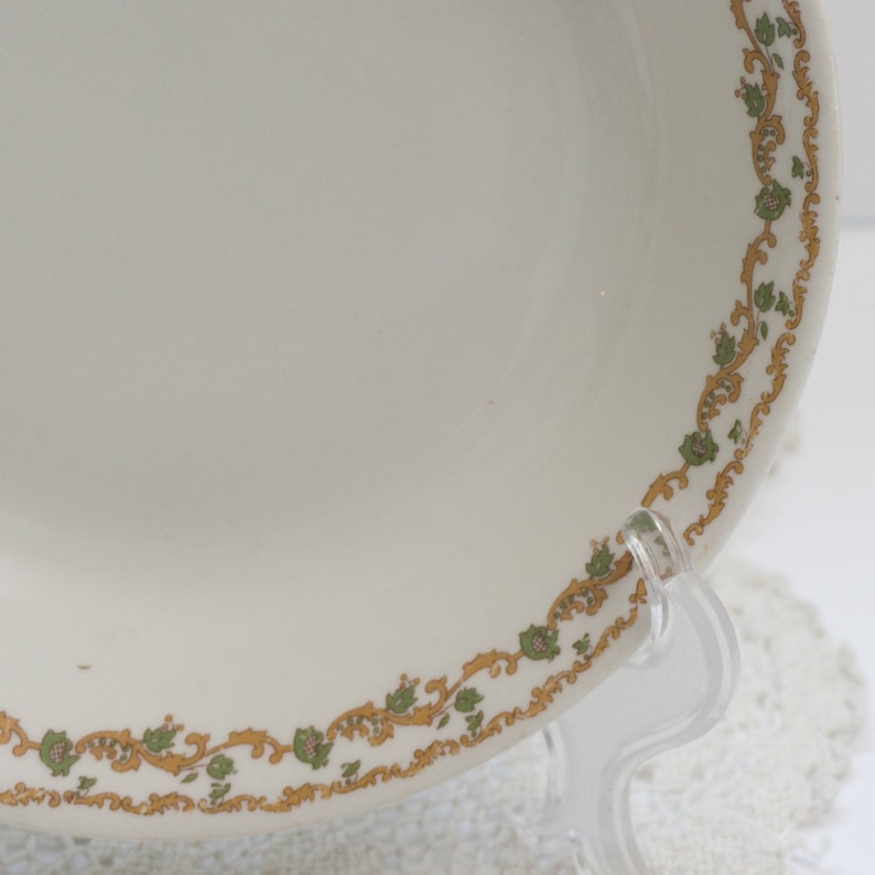 Set of Two Vintage Warwick Pattern Bowls 09071 Oval Serving Dish and One 7.5 Inch Soup Bowl Gold and Green c1930s