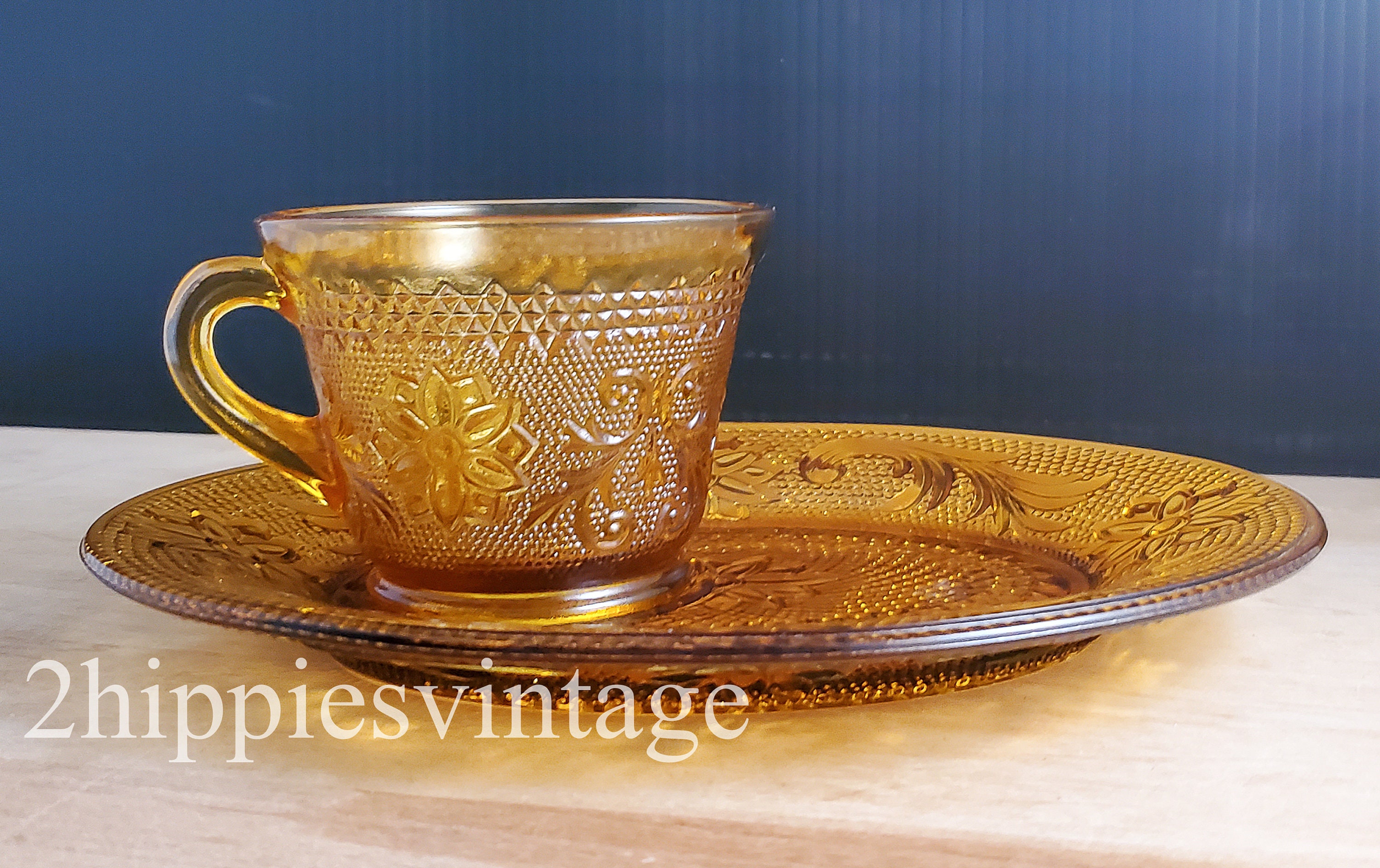Vintage Amber glass Sandwich Plate & Cup Set Kitchen Home Decor