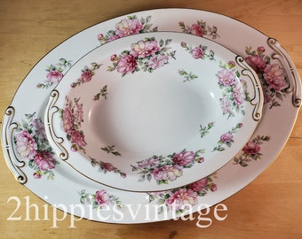 Oval Platter and Bowl Vintage Pink Flowers JYO4 by JYOTO Occupied Japan 1945
