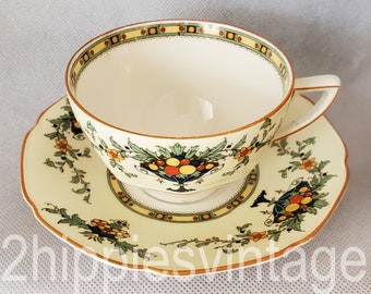 Vintage Crown Ducal A1476 (Round, Scalloped) One Saucer and 5 Cups; Fruit, Blue Urns, Floral, Mustard Trim